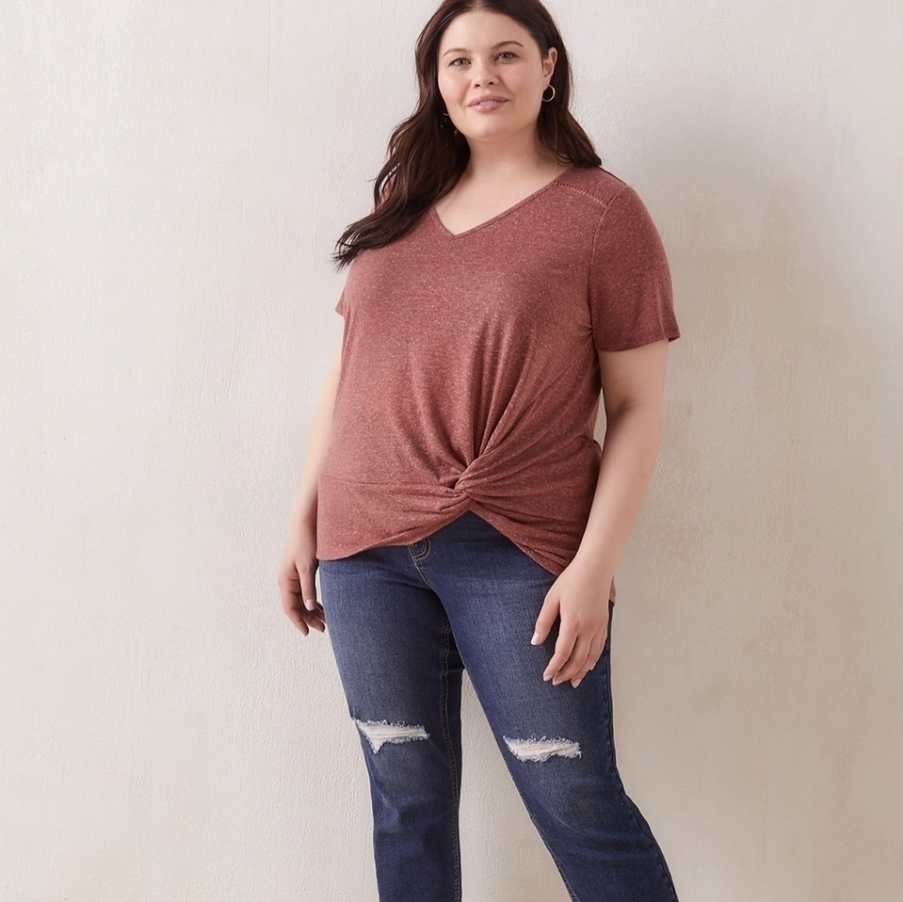 Penningtons Women's Linen Blend Tee w/Knot Detail Apple Butter - 2X